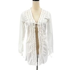 Sisley Ruffles Tie Front Long Sleeve Tassel Lightweight Cotton Layering Shirt